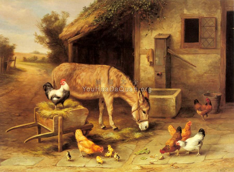 A Donkey And Chickens Outside A Stable - 埃德加·亨特